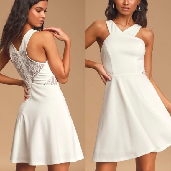 NWT Lulu’s Halter Lace Detail A-Line Mini Dress‎ in White - L - Picture 1 of 16